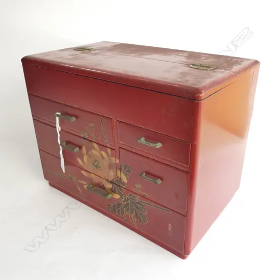 JAPANESE RED LACQUER SEWING BOX  325 X 200 X 250MM