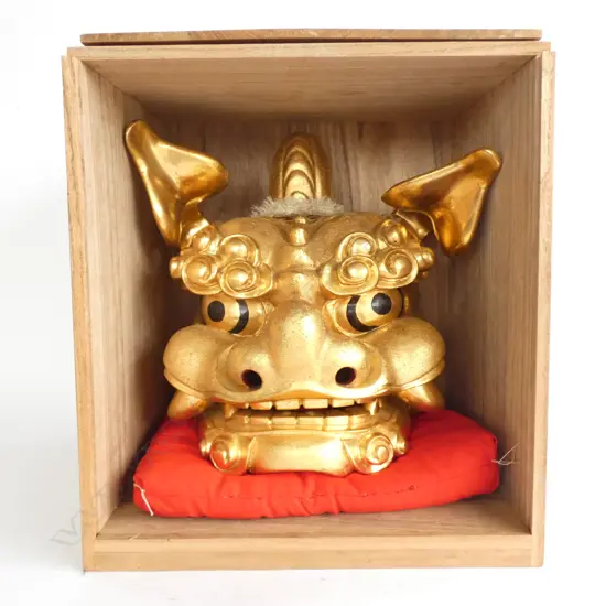 GOLD PAINTED CHINESE DRAGON MASK  260 X 310MM - IN WOODEN DISPLAY BOX 
