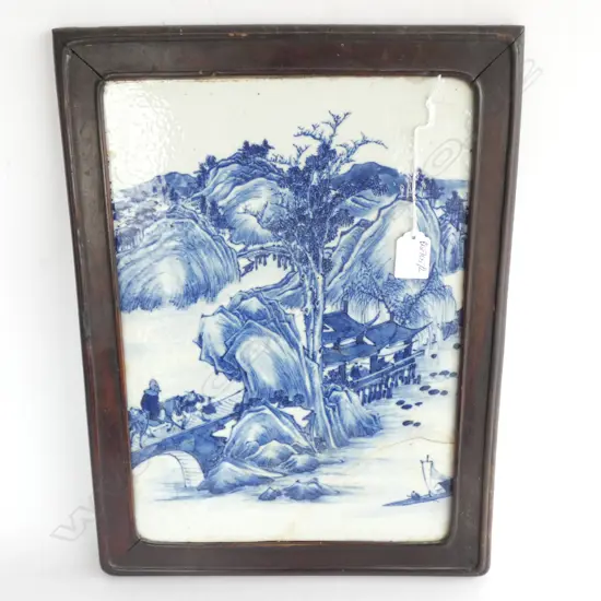 FRAMED CHINESE BLUE AND WHITE PORCELAIN PANEL CRACK TO LOWER CORNER 420 X 310 MM