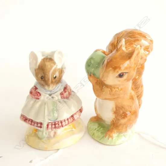 2 X ROYAL ALBERT BEATRIX POTTER FIGURINES - SQUIRREL NUTKIN & OLD LADY WHO LIVED IN A SHOE KNITTING