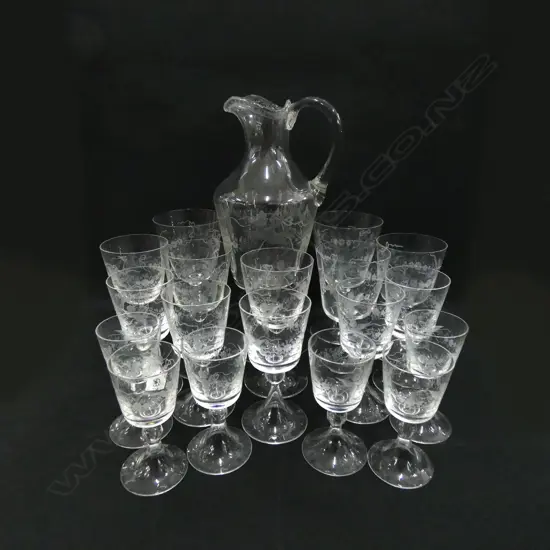 WINE EWER & 17 MATCHING GLASSES