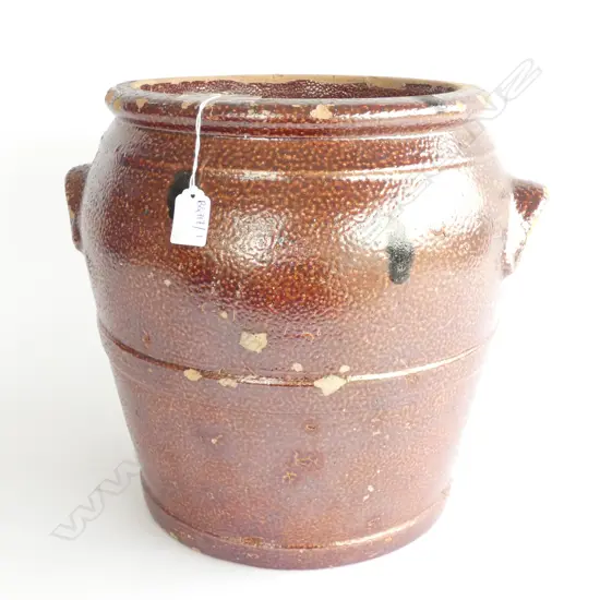 LGE BROWN SALT GLAZE POT STAMPED NZ BRICK CO NEW LYNN TO BASE AF H. 340MM
