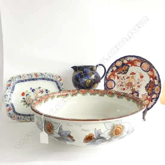 FURNIVALS VICTORIAN WASHBOWL 390MM DIA, R/STANLEYWARE JUG  + MASONS PLATE & WEDGWOOD DISH BOTH AF