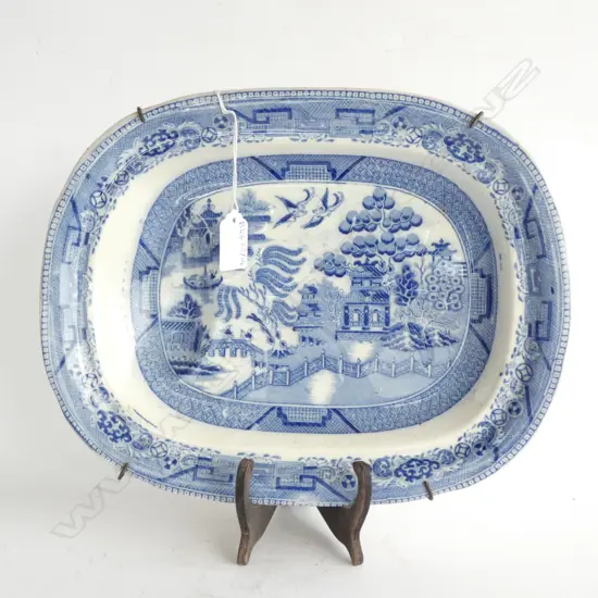 19thC WILLOW PATTERN MEAT DISH L. 320MM