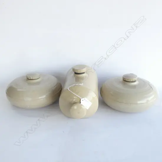 3 STONEWARE BED WARMERS; 2 CIRCULAR, 1 BOTTLE ONE STOPPER BROKEN