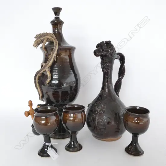 2 STUDIO POTTERY EWERS H. 450MM + 3 GOBLETS