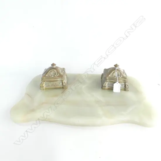 INK STAND 2 BRASS POTS ON GREEN MARBLE SLAB. 450 X 280MM