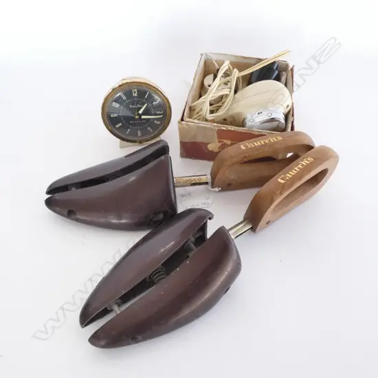 VINTAGE SHOE STRETCHERS, OLD ELECTRIC BAKELITE RAZOR & ALARM CLOCK