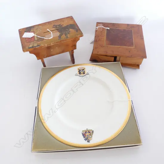 WEDGWOOD PLATE 270MM DIA + FOLK ART COIN BANK + PUZZLE BOX 