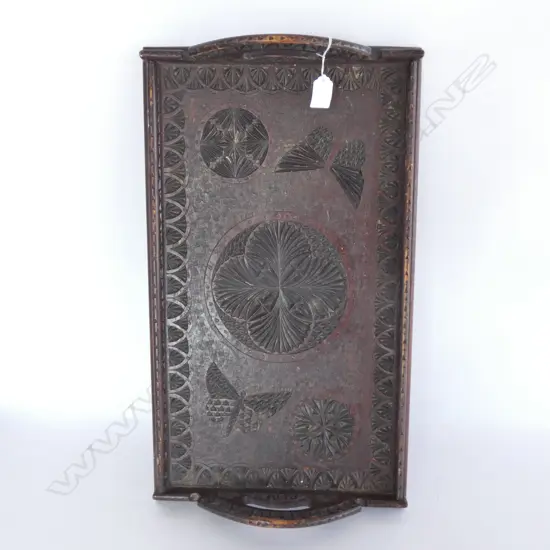 OLD ORNATE CARVED WOODEN TRAY - ENGRAVED WITH BUTTERFLIES ETC. 580 X 330MM