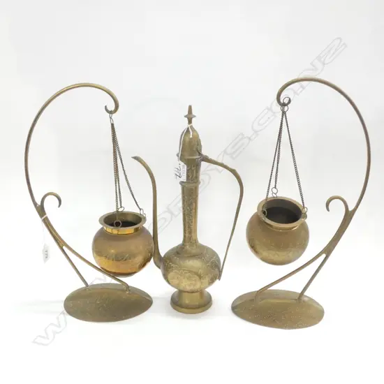 PR BRASS HANGING INCENSE BURNERS H. 445MM + TALL VESSEL 
