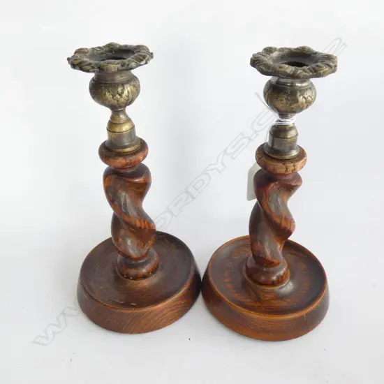 PAIR OF OAK BARLEY TWIST CANDLESTICKS