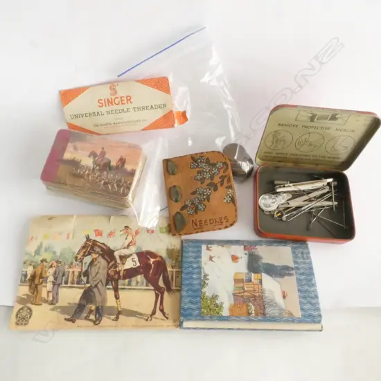 BAG OLD NEEDLE CARD HOLDERS, INCL. NEEDLES, OLD PLAYING CARDS & OLD COPPER COINS (MOSTLY NZ)