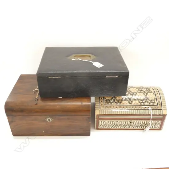 3 BOXES; INLAY, WOODEN, LEATHER BOUND WRITING BOX