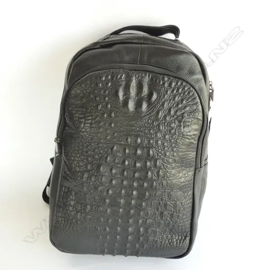 BLACK LEATHER BACKPACK W CROCODILE PATTERN