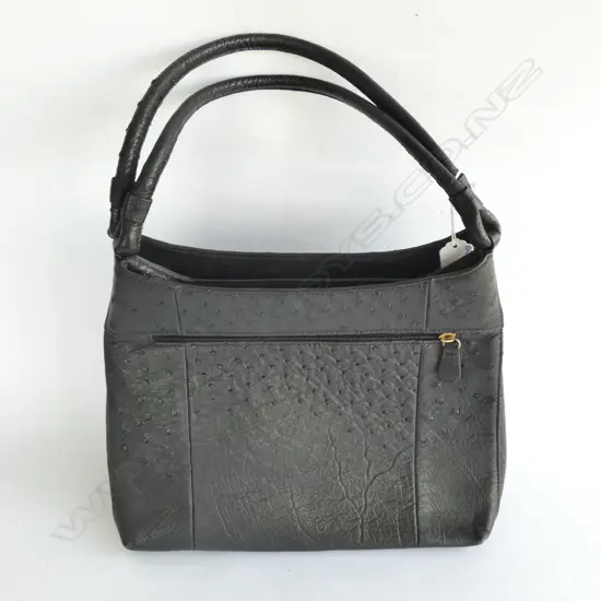 GENUINE OSTRICH BLACK LEATHER HANDBAG 300 X 250MM