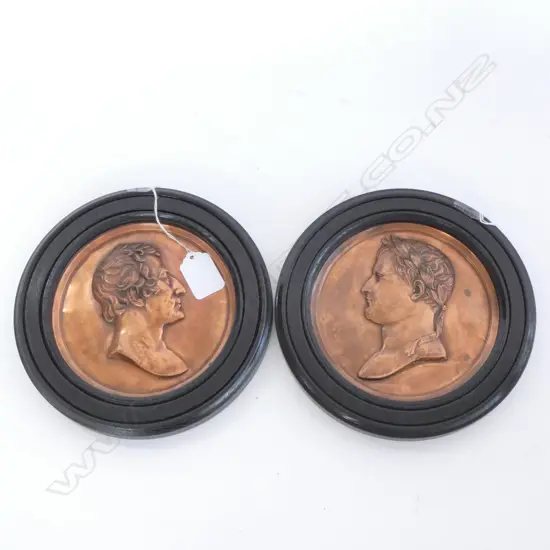 FRAMED COPPER PLAQUES; NAPOLEAN & DUKE OF WELLINGTON POST BATTLE OF WATERLOO DIA. 185MM