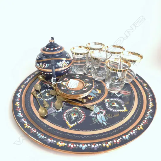 TURKISH PAINTED COPPER TEA SET: POT & TRAY