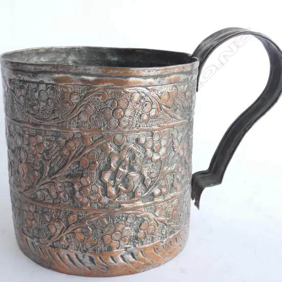 COPPER MUG DECORATED. EMBOSSED FLORAL BANDS A/F