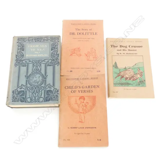 4 OLD BOOKS; ROBERT LOUIS STEVENSON / RUDYARD KIPPLING / DR DOLITTLE ETC.