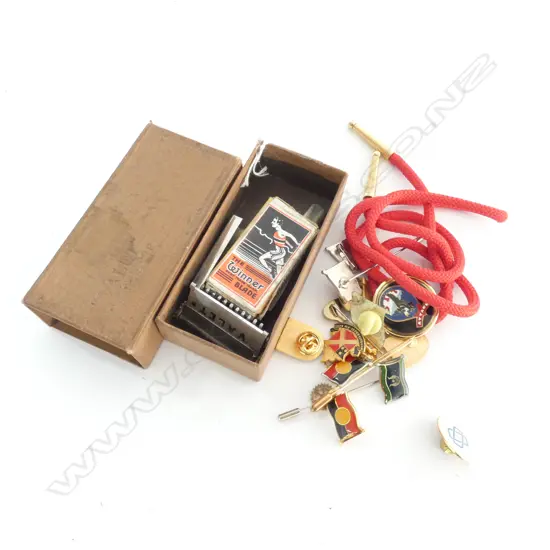 SM BAG ASST ENAMEL STICK PINS & BADGES + OLD BOXED RAZOR WITH PKT'S UNOPENED BLADES. .