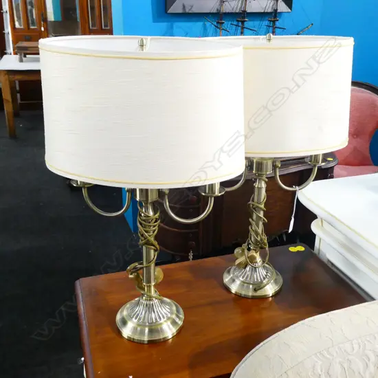 PR ROYAL DOULTON BRUSHED BRASS TABLE LAMPS WITH SHADES, H. 580MM