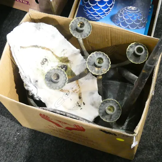BOX LOT WATERING CAN, LGE SHELL, CANDELABRAH ETC