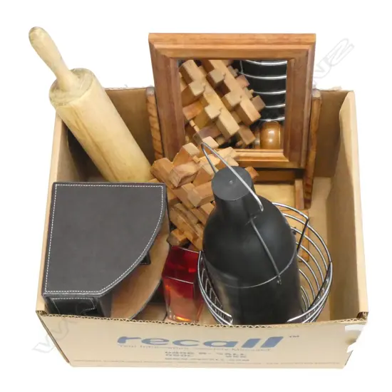 BOX LOT ASST. ITEMS; PUZZLE, ROLLING PIN, MIRROR ETC