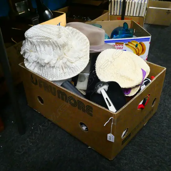 BOX LOT HATS, FUR, PURSES ETC