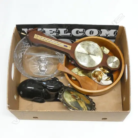 BOX LOT ASST. BAROMETER, GLASS BOWL, WOODEN BOWL ETC.