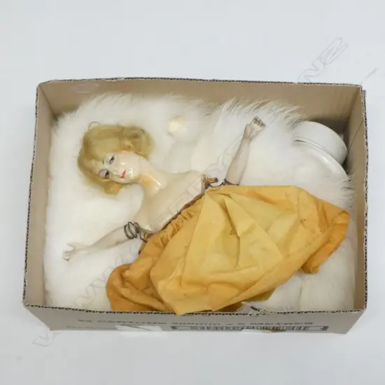 BOX LOT GERMAN DOLL, WHITE FUR, VICTORIAN TOOTHPASTE CONTAINER