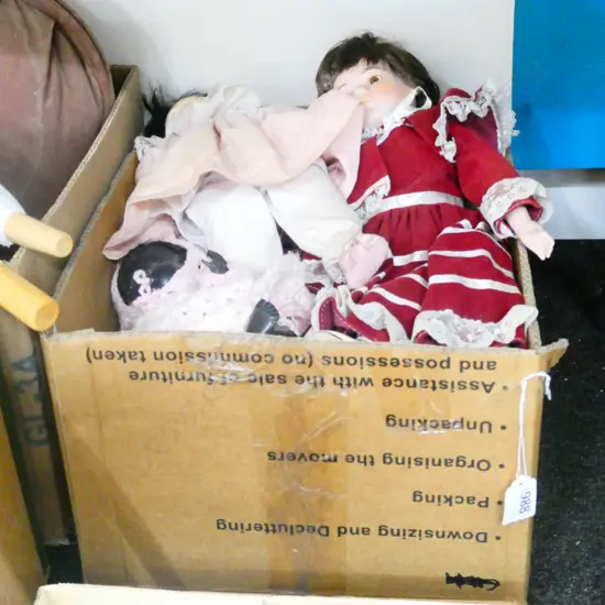 BOX LOT DOLLS, BOOKS, SEWING PATTERNS 