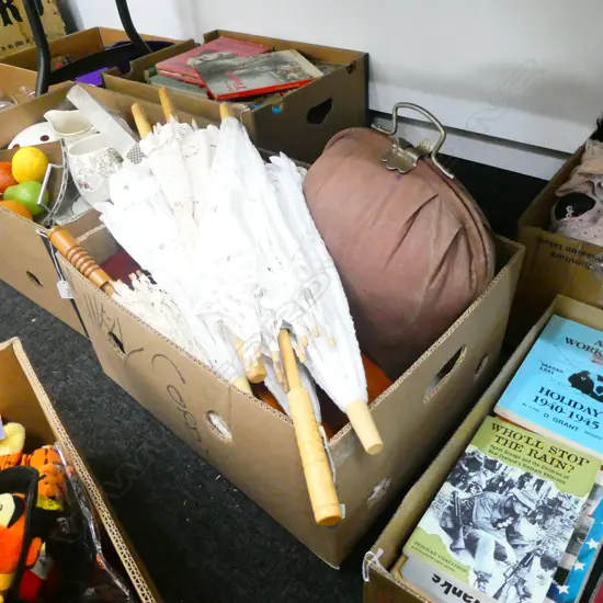 BOX LOT LINEN, LACE UMBRELLAS ETC