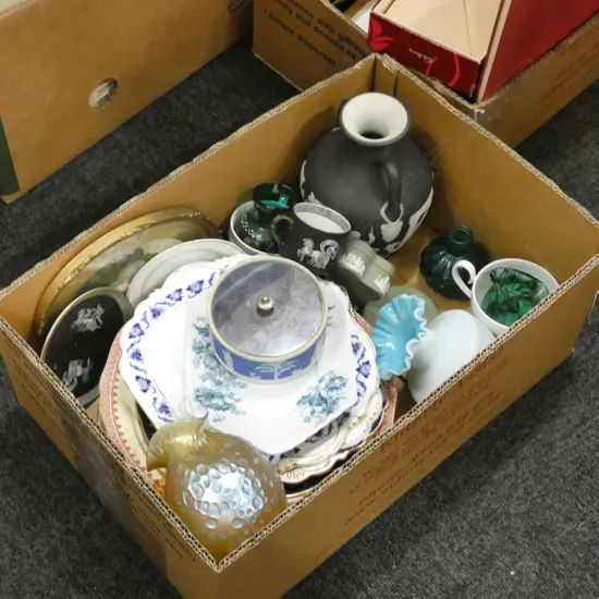 BOX LOT ASST. CHINA, WEDGWOOD, ART GLASS
