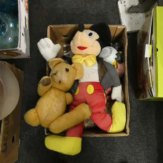 BOX LOT SOFT TOYS ETC..INCL OLD BEAR