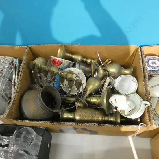 BOX LOT ASST. BRASS, CUTLERY, CHINA ETC