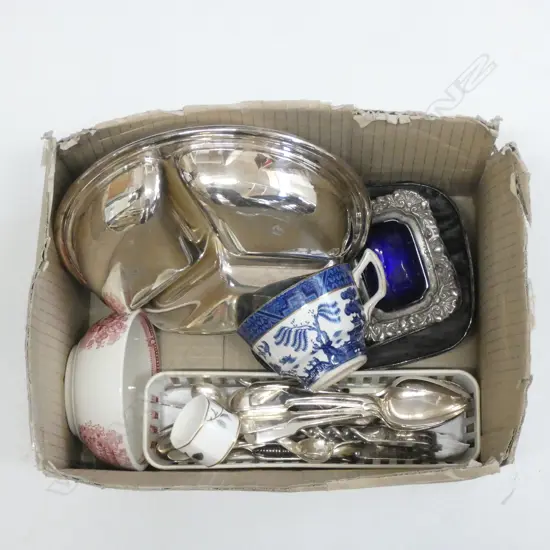 BOX LOT CUTLERY, CHINA ETC