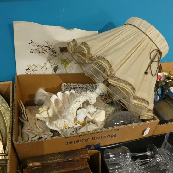 BOX LOT LAMP, GLOVES, HANDBAGS, DECANTERS 
