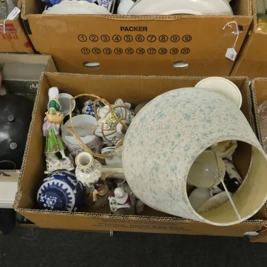 BOX LOT FIGURINES, DELFT, LAMP ETC