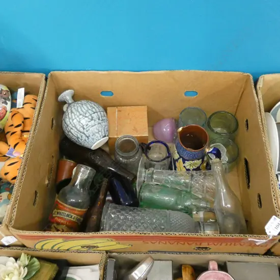 BOX LOT ASST. GLASSWARE  INCL. OLD NZ BOTTLES; CODD ETC