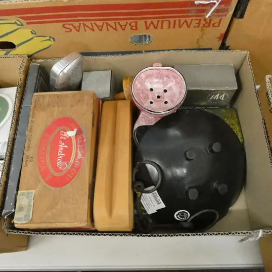 BOX LOT ASST COLLECTABLES INCL, CIGAR BOXES ETC