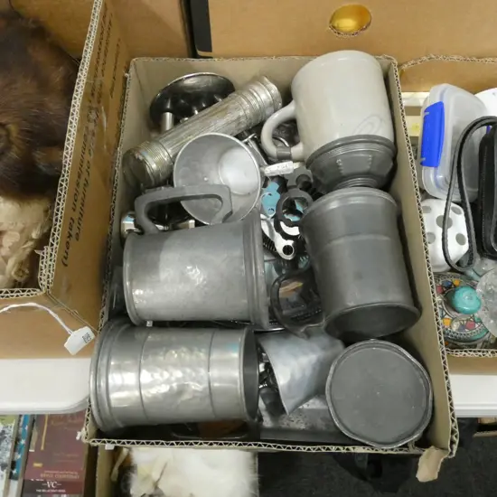 BOX LOT PEWTER & SILVER PLATE ETC. INC. OLD TORCH & TANKARDS