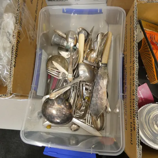 BOX LOT ASST. SILVER PLATE CUTLERY ETC