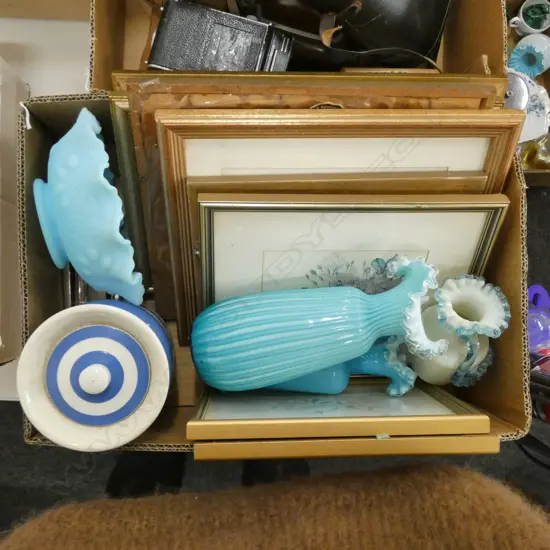 BOX LOT ASST. BOTANICAL PRINTS, CORNISHWARE ETC