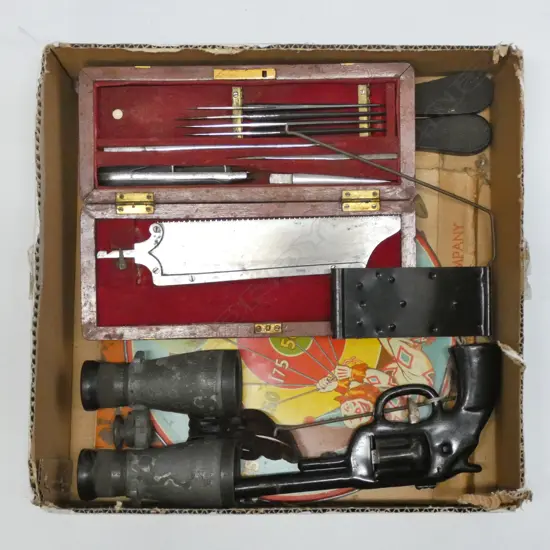 GERMAN WWI BINOCULARS, SCALPEL SET, VINTAGE TIN TOY ETC