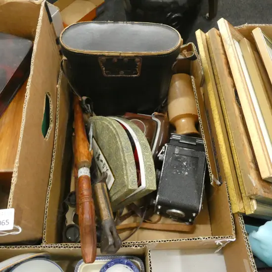 BOX LOT BINOCULARS, CAMERAS, OPERA GLASSES ETC