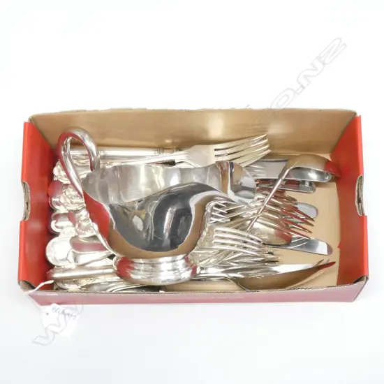 BOX LOT SILVER PLATE CUTLERY + SAUCE BOAT