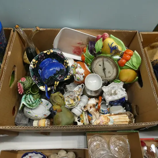 BOX LOT FIGURINES, FRUIT CLOCK ETC