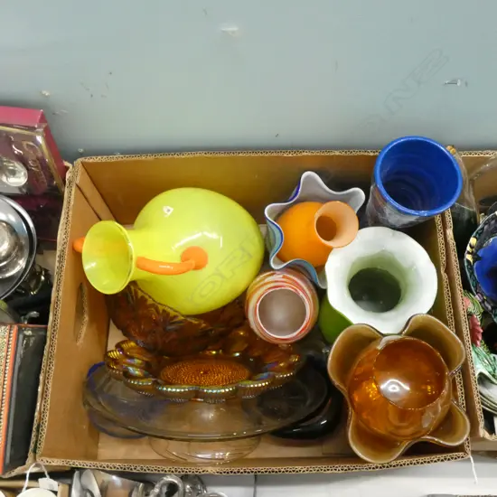 BOX LOT ASST. ART GLASS VASES