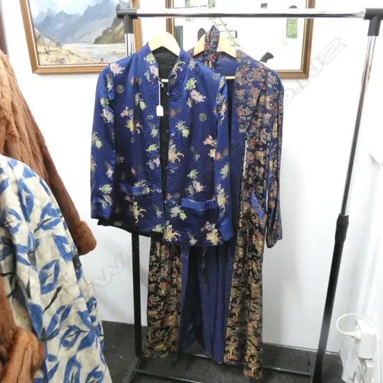 2 BLUE ORIENTAL SILK? ROBES; JACKET & DRESSING GOWN